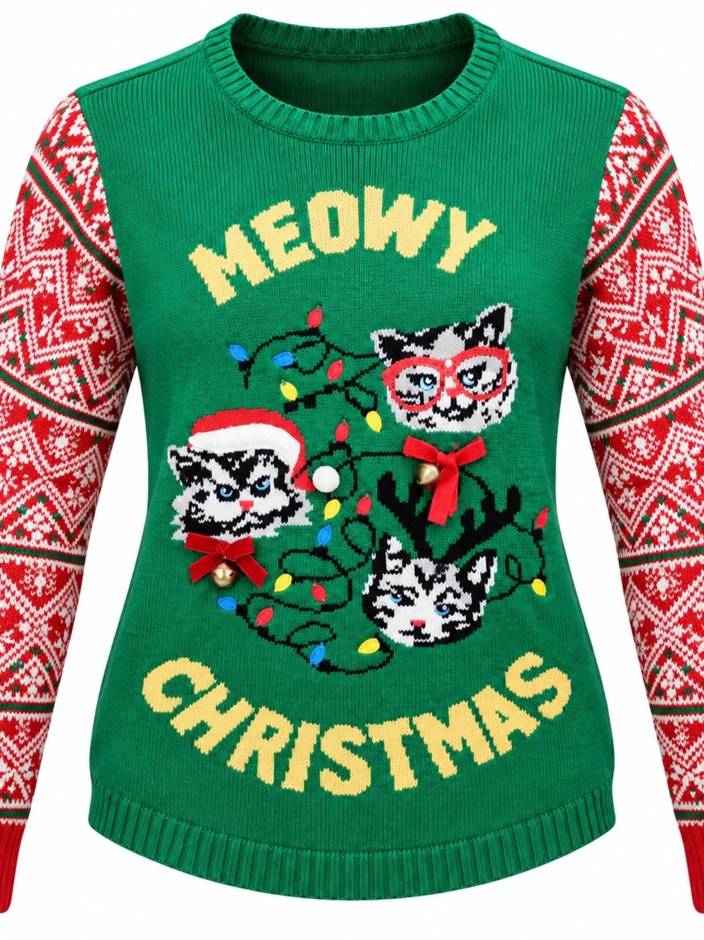 No Boundaries Green 'Meowy Christmas' Cat Holiday Crewneck Sweater